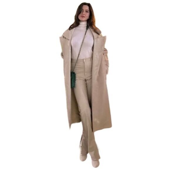 ZARA Faux Leather Super High Rise Slim Flare Pants Slit Size 2 34 Long Beige - Picture 3 of 14